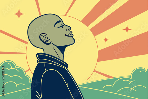 A smiling man with a bald head, representing resilience in the fight against cancer, bright, uplifting light