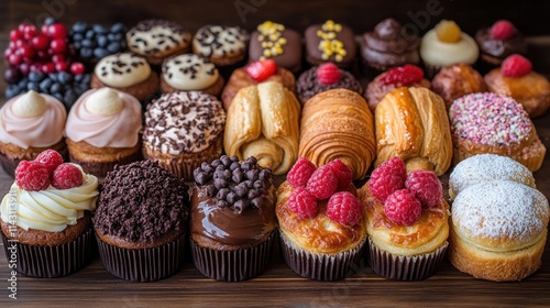 Assorted delicious pastries and cupcakes on wooden background.