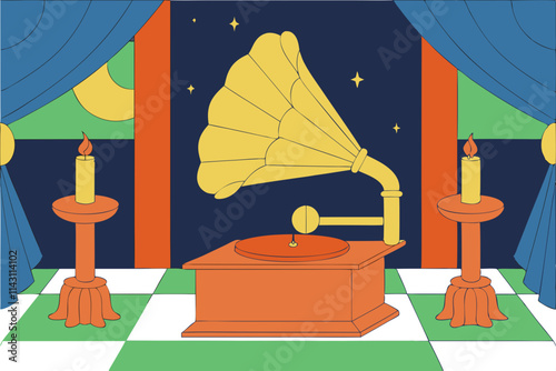 Vintage gramophone with soft candles in a colorful illustration style