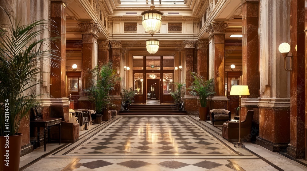 Fototapeta premium Ornate lobby, marble floor, classical columns, plants.