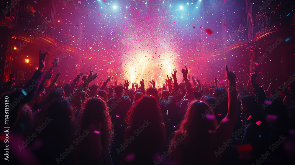 Fototapeta premium Lively celebration with enthusiastic crowd enjoying a vibrant party atmosphere in a concert hall