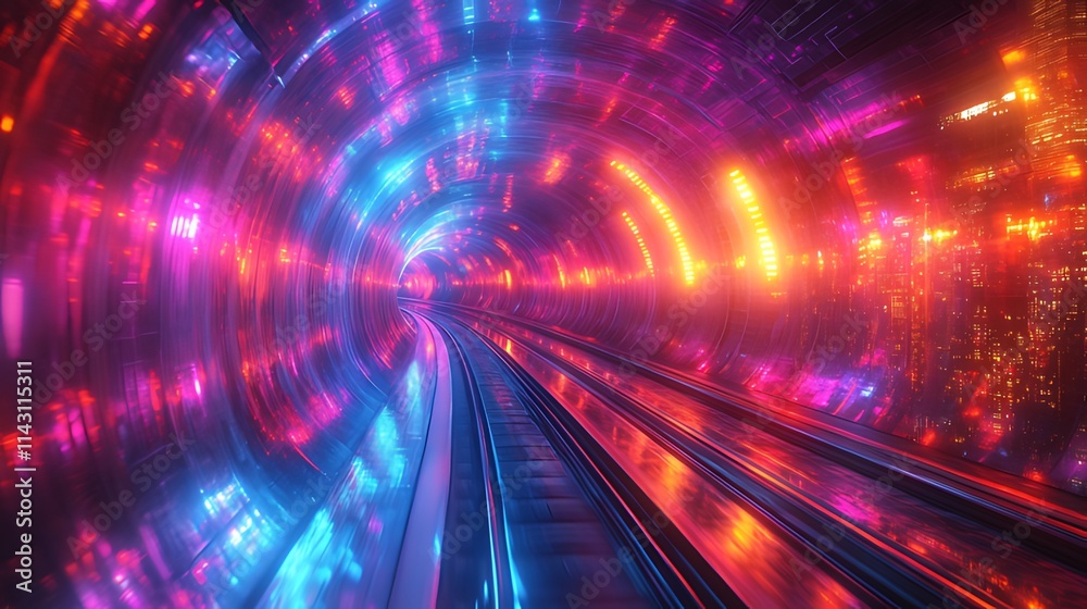 Futuristic neon-lit tunnel with vibrant colors and reflective rails. Futuristic neon-lit tunnel with vibrant colors and reflective rails.