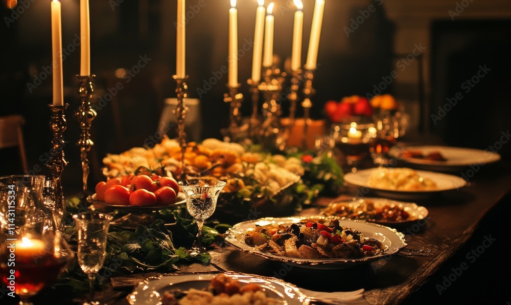 An atmospheric nighttime of a gourmet dinner. feature elegantly plated gourmet dishes. An atmospheric nighttime of a gourmet dinner. feature elegantly plated gourmet dishes.