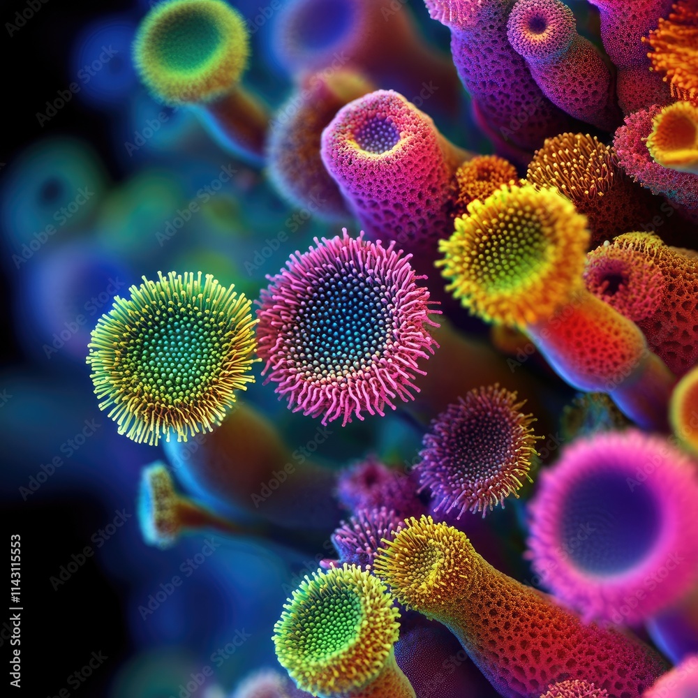 Detailed image of plant pollen under a microscope, highlighting the complex textures and vibrant colors of the grains. Detailed image of plant pollen under a microscope, highlighting the complex textures and vibrant colors of the grains.