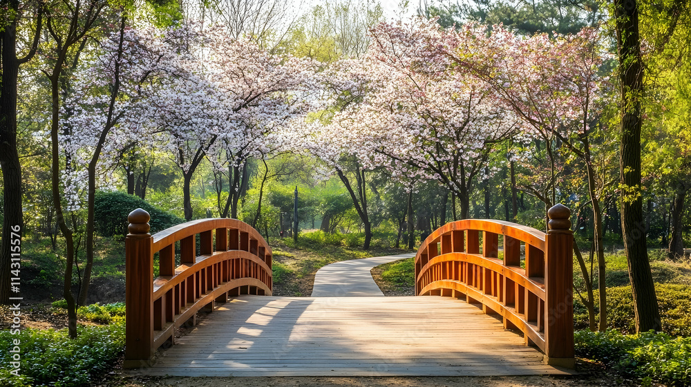 Tokyo Urban Forest Park with cherry blossoms and wooden footbridges, serene Japanese retreat Tokyo Urban Forest Park with cherry blossoms and wooden footbridges, serene Japanese retreat