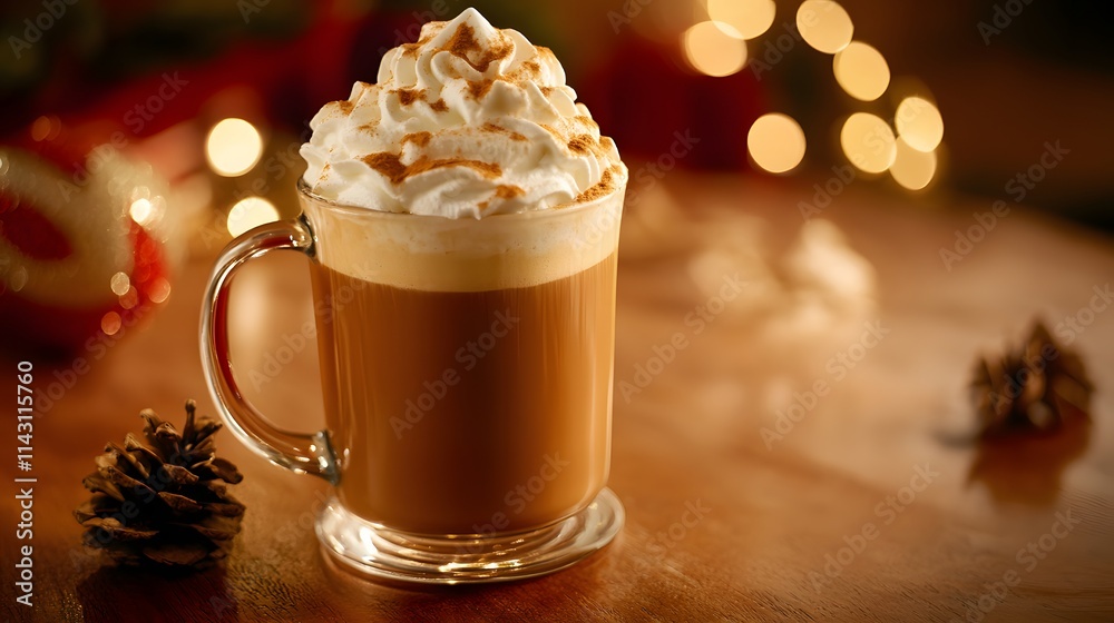 A frothy mocha with whipped cream served on a holiday-themed table. A frothy mocha with whipped cream served on a holiday-themed table.