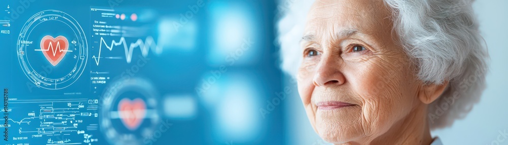 Elderly woman smiling with health data visualization in background, expressing hope and vitality Elderly woman smiling with health data visualization in background, expressing hope and vitality