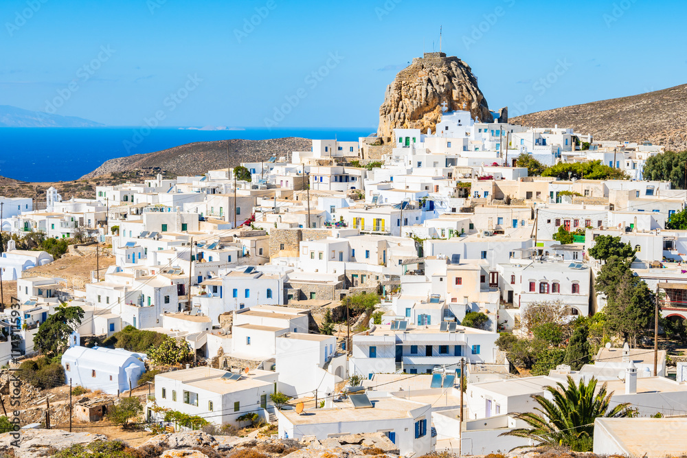 View of Chora village and mountains from trekking trail, Amorgos island, Cyclades, Greece