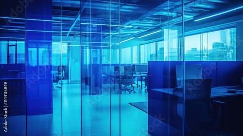 Blue-lit modern office interior with glass partitions and city view.