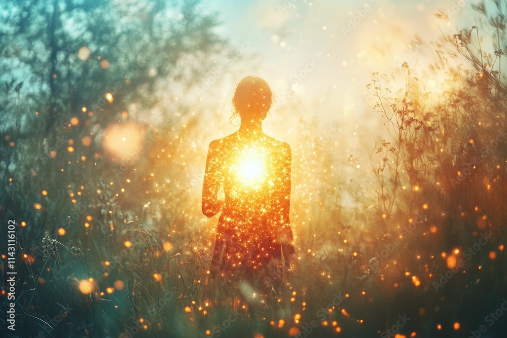 Glowing figure amidst sparkling field, ethereal light. Glowing figure amidst sparkling field, ethereal light.