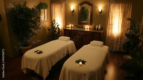 Two massage tables in a dimly lit spa room with plants and candles. photo