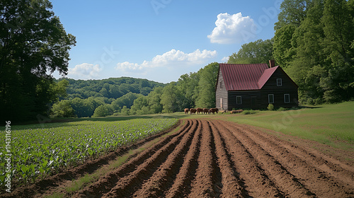 Springtime activities featuring a log cabin on a farm with green fields and cattle nearby