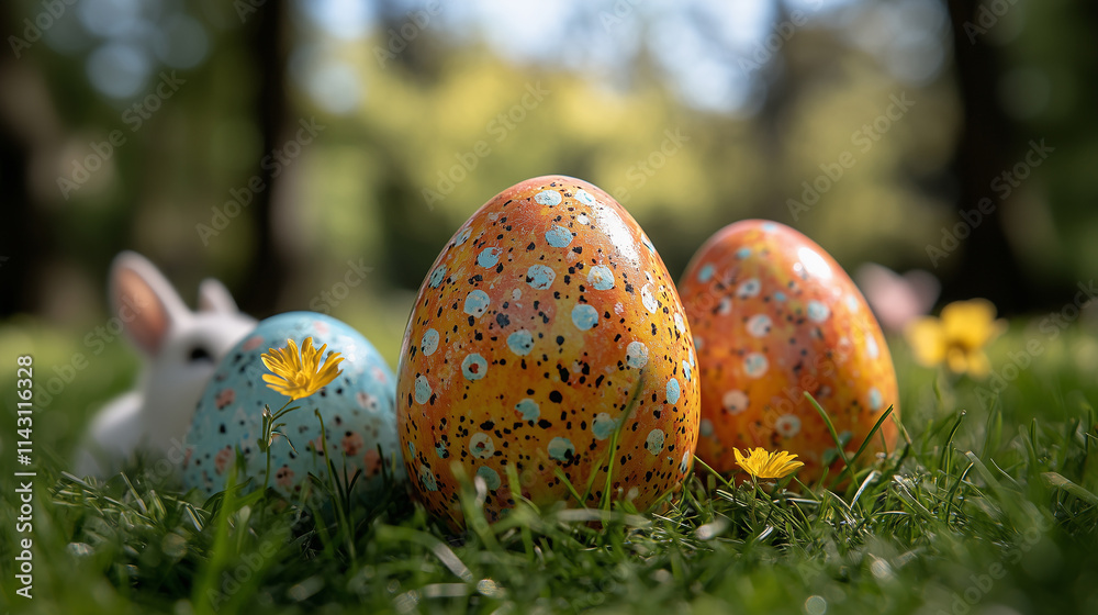 Colorful Easter eggs in a vibrant garden with playful children during spring Colorful Easter eggs in a vibrant garden with playful children during spring