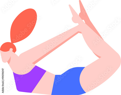 Young woman with red hair tied in ponytail practicing dhanurasana or bow pose yoga asana, stretching body and improving flexibility on white background