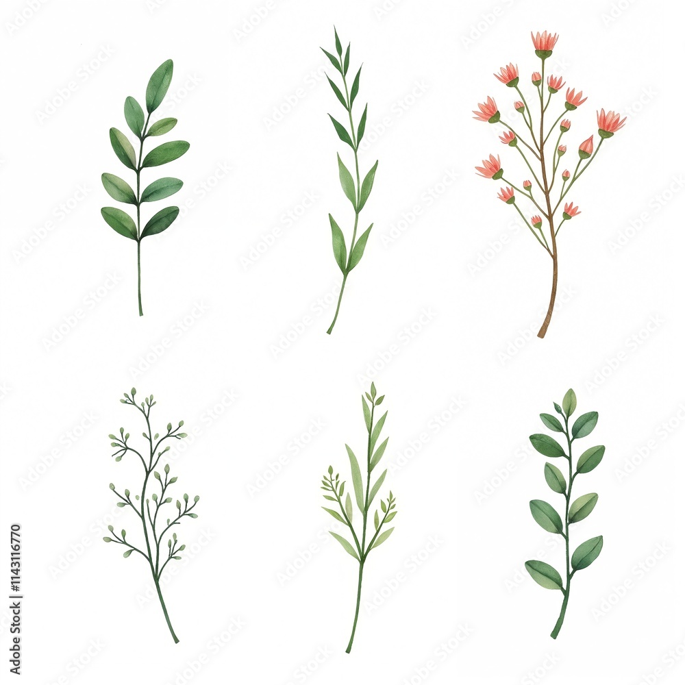 custom made wallpaper toronto digitalThe image shows collections of plants. They are made in the same style, differ in simple lines and monochrome colors. The color palette includes shades of green with a yellowish-green base.