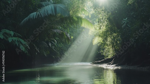 Sunbeams illuminate a tranquil jungle river.