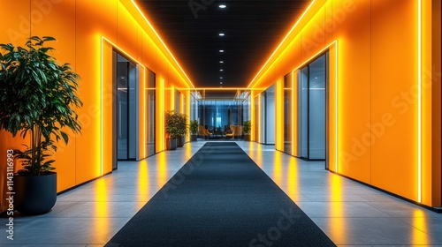 Modern office hallway with orange neon lights, plants, and glass doors.