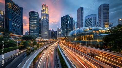 Vibrant cityscape at sunset, traffic streaks on highway.