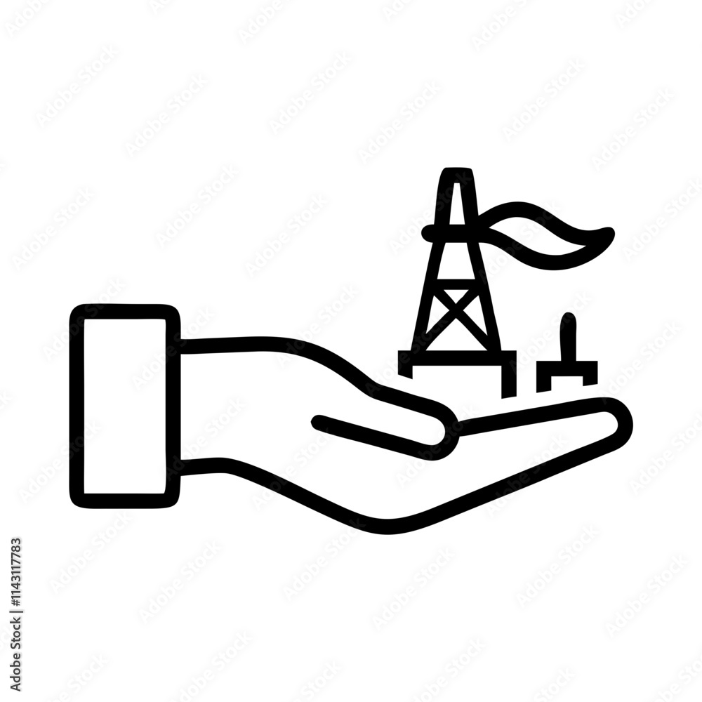 Hand holding oil and gas rig icon, minimalist line art, energy concept, black and white, copy space Hand holding oil and gas rig icon, minimalist line art, energy concept, black and white, copy space