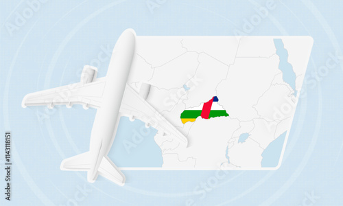 Central African Republic Travel Illustration with Plane and National Flag. Airplane Flying Over Central African Republic Map.