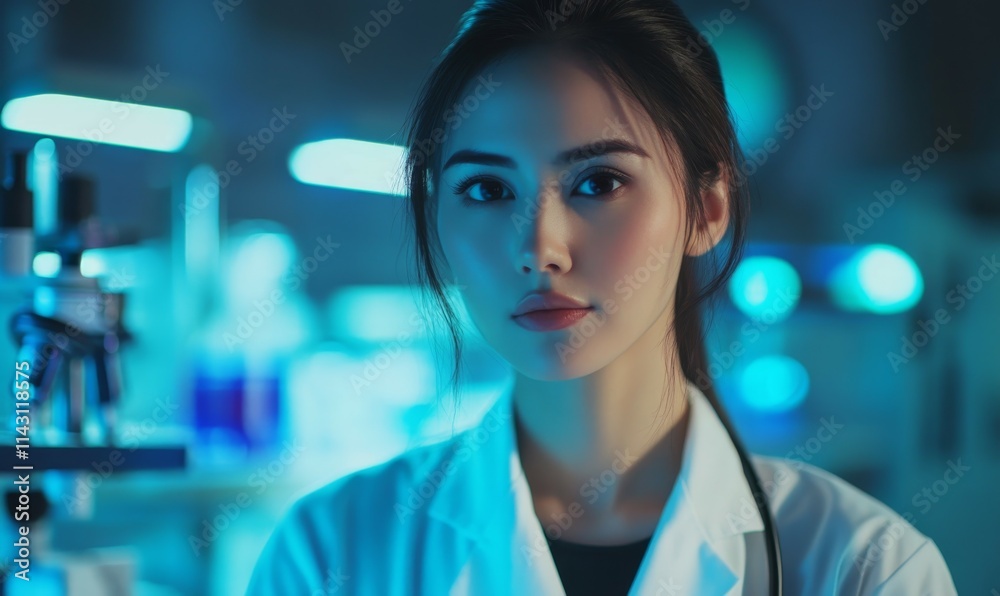 A female doctor in a lab coat, Confident young female physician A female doctor in a lab coat, Confident young female physician