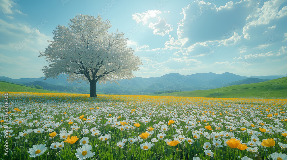 Fototapeta premium Vibrant spring meadow filled with colorful flowers and a majestic tree under a clear blue sky