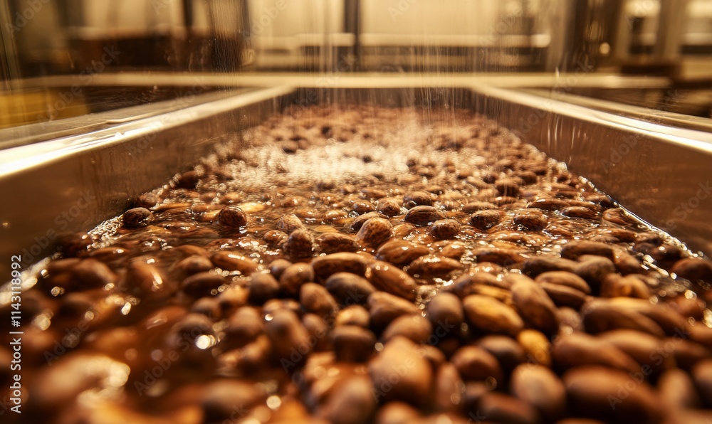 A large transparent glass tank filled with warm water in which cocoa beans float. The water is slightly cloudy to reflect the cleaning process. A large transparent glass tank filled with warm water in which cocoa beans float. The water is slightly cloudy to reflect the cleaning process.