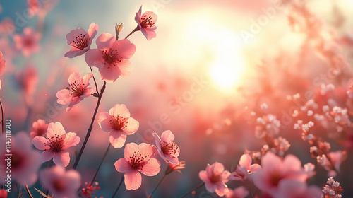 Vibrant spring flowers bloom under a warm golden sunset in a scenic garden