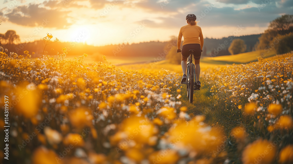 Fototapeta premium Bicyclists enjoying a sunset ride through a field of flowers on a warm evening