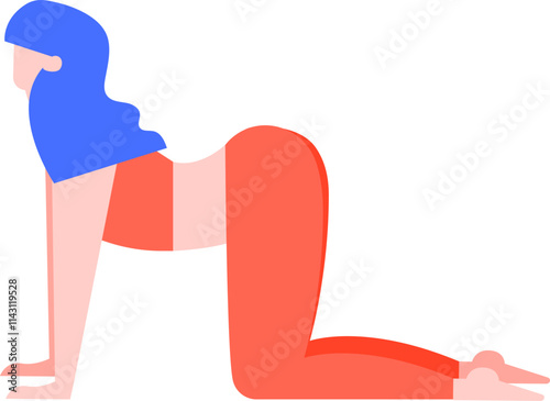 Embracing a healthy lifestyle, a young woman practices yoga, gracefully executing the cow pose on a clean white background, dressed in a vibrant red and blue outfit