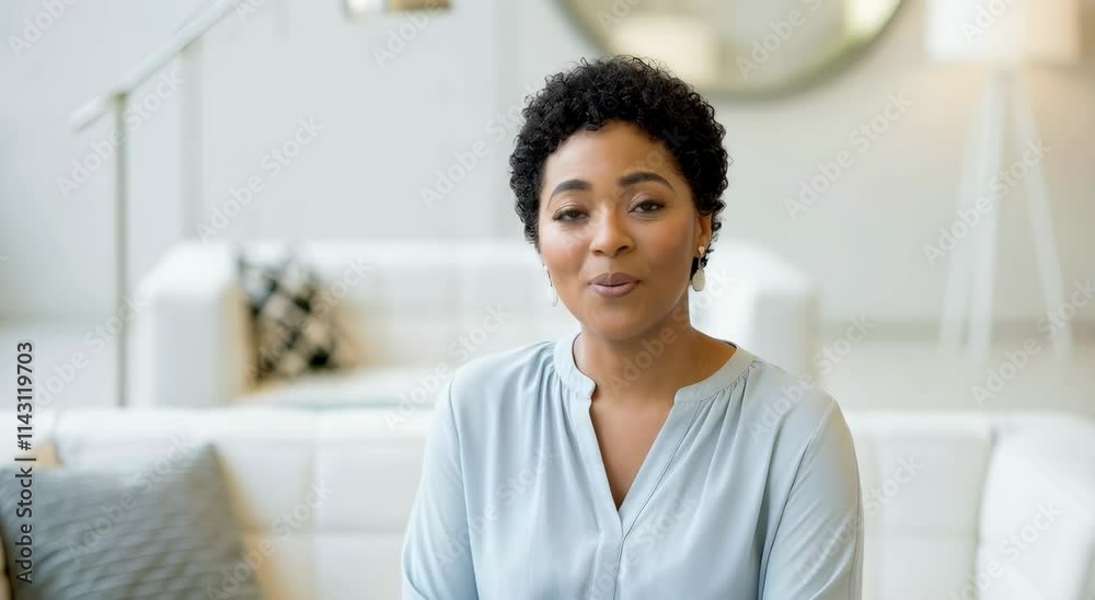 Smiling African American woman with short curly hair sitting on white sofa in bright modern living room Smiling African American woman with short curly hair sitting on white sofa in bright modern living room
