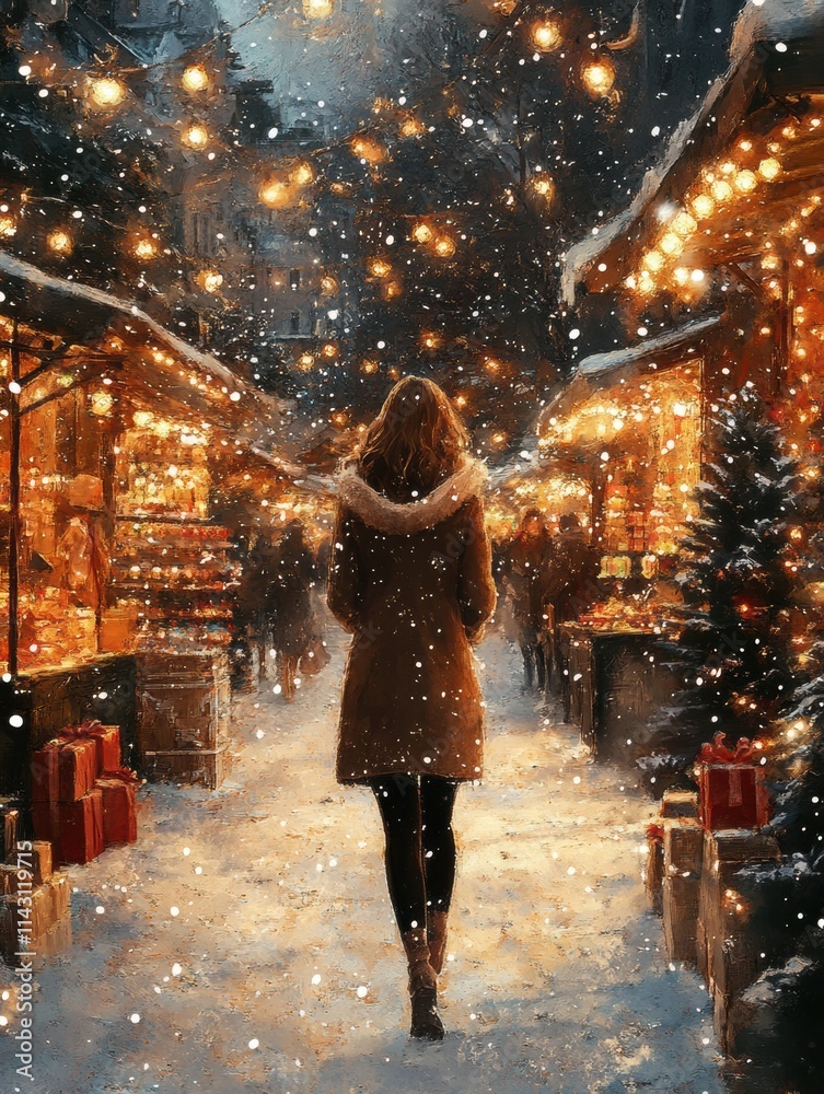 Woman enjoys a winter market stroll amid twinkling lights and snowflakes in a cozy festive atmosphere Woman enjoys a winter market stroll amid twinkling lights and snowflakes in a cozy festive atmosphere
