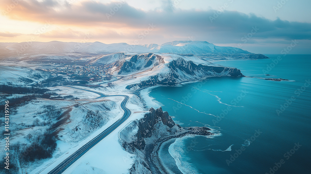 Breathtaking aerial view of snow-covered mountains and coastal landscape at sunset in winter Breathtaking aerial view of snow-covered mountains and coastal landscape at sunset in winter