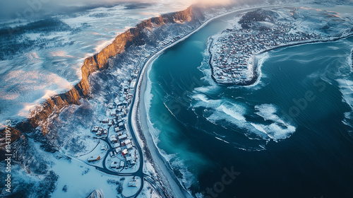 Breathtaking aerial view of a snowy coastline with a charming village at sunset photo