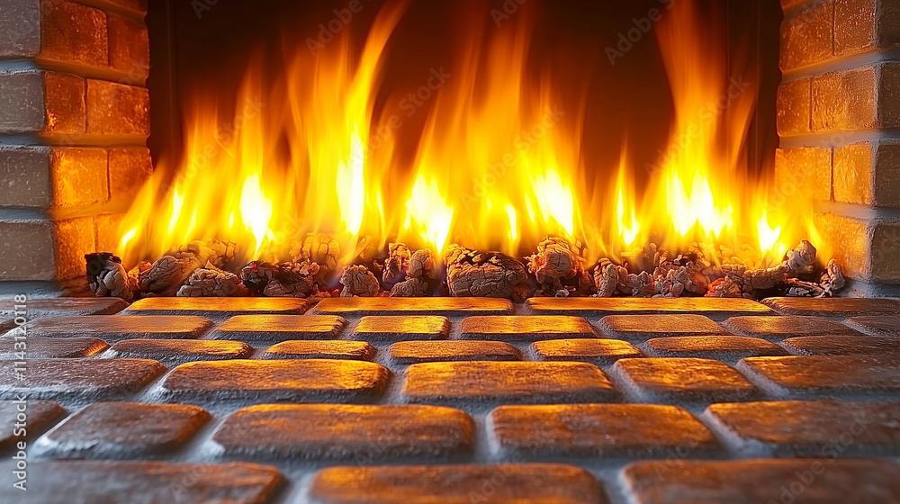 A close-up view of a fire in a fireplace with glowing embers and flames above a stone hearth. A close-up view of a fire in a fireplace with glowing embers and flames above a stone hearth.