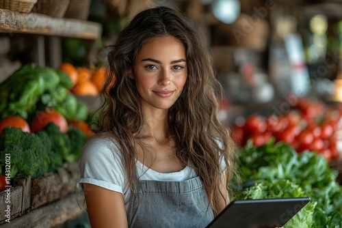 Fit healthy young girl recording her video blog episode about healthy food additives while standing at the kitchen at home photo