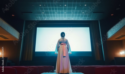 A woman in her late 30s, wearing a modest pastel-toned traditional Korean hanbok, is standing on a stage in front of a movie theater screen. photo