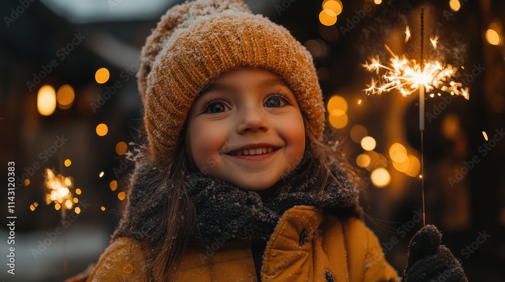 Joyful child delights in sparklers amidst a snowy backyard during a festive winter evening Joyful child delights in sparklers amidst a snowy backyard during a festive winter evening