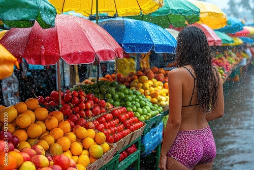 Colorful fruit market under rain with woman in swimwear enjoying vibrant atmosphere. Generative AI photo