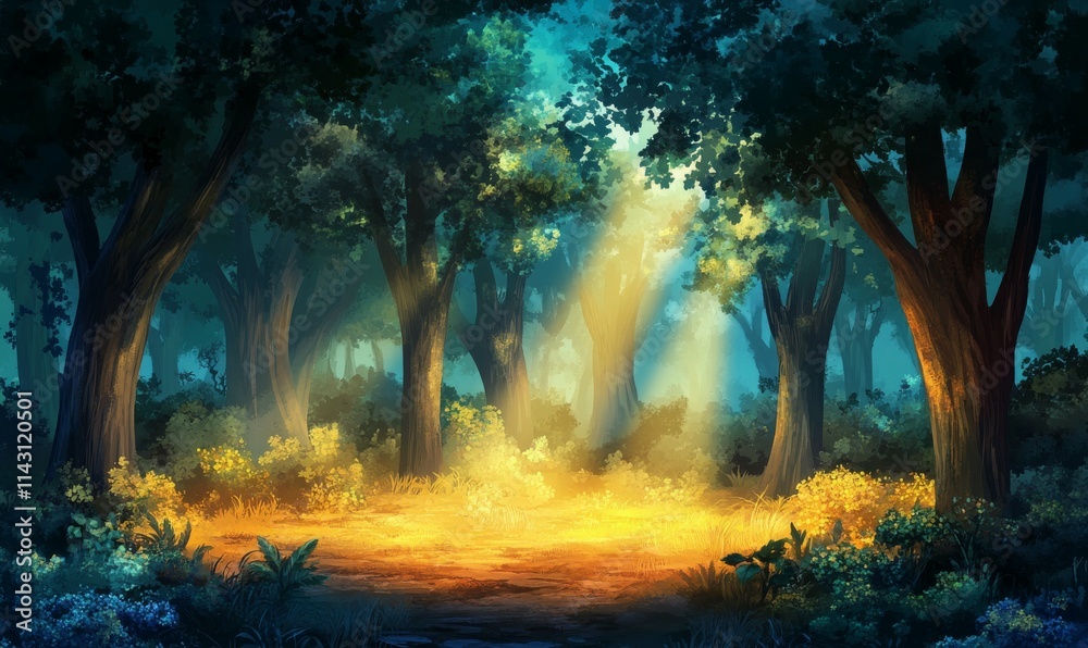 Dramatic Woodland Scene with shafts of light coming through the Trees. Beautiful Sunrise Nature Background. Dramatic Woodland Scene with shafts of light coming through the Trees. Beautiful Sunrise Nature Background.