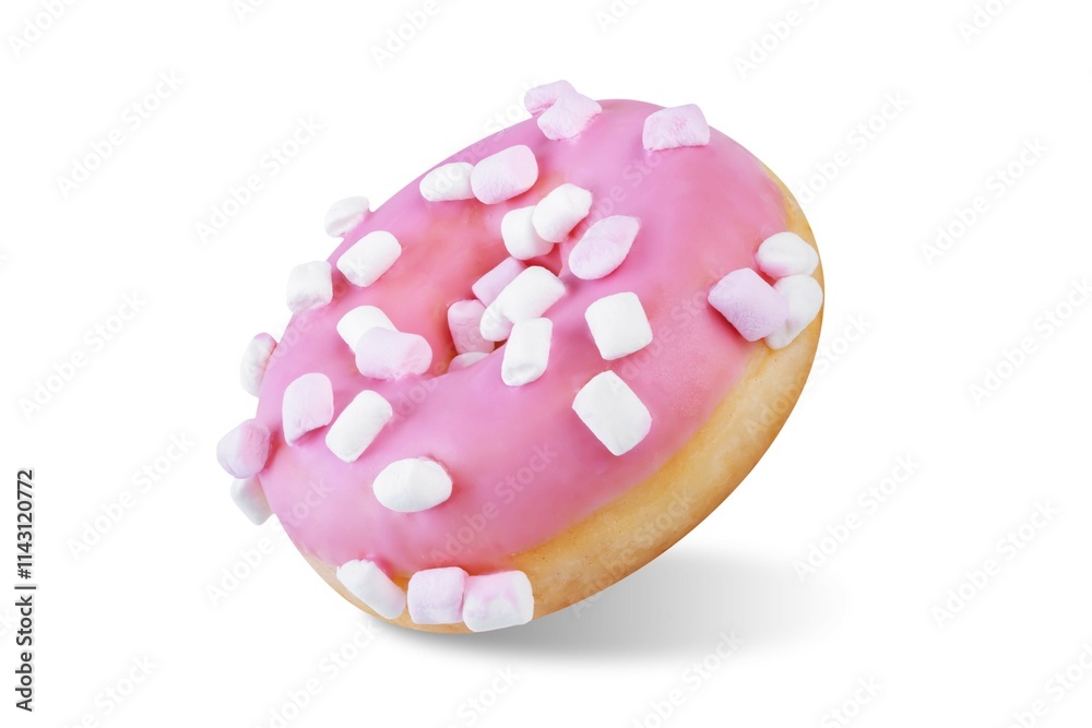 Pink donut with marshmallow topping on a white isolated background Pink donut with marshmallow topping on a white isolated background