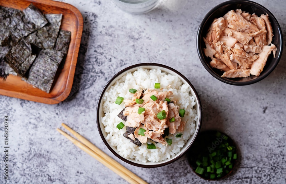Rice bowl with salmon flakes, nori and scallion Rice bowl with salmon flakes, nori and scallion