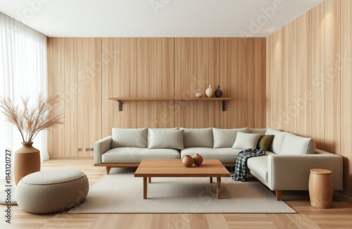 Modern Scandinavian-Japanese living room interior design. Neutral tones create serene ambiance. Empty space offers great copy space for presentations. Simple furniture like light beige sofa, wooden photo