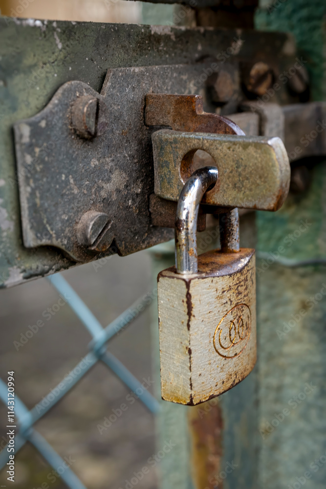 old rusty padlock and lock on metal door old rusty padlock and lock on metal door