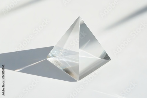 Crystal pyramid on white with shadow play and light refraction