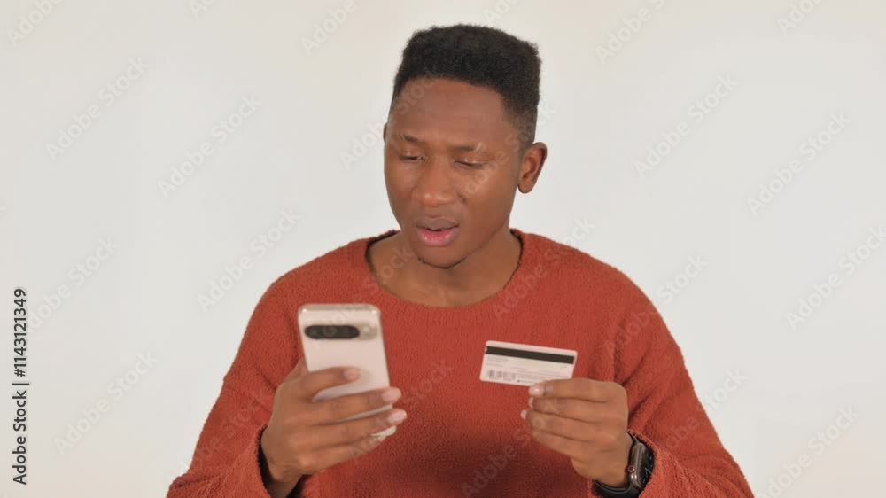 Portrait of Young African Man Facing Shopping Failure on White Background Portrait of Young African Man Facing Shopping Failure on White Background