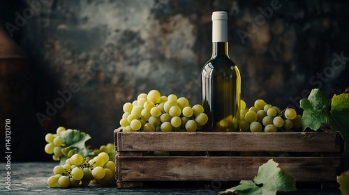 White wine bottle beside fresh green grapes in rustic wooden crate.