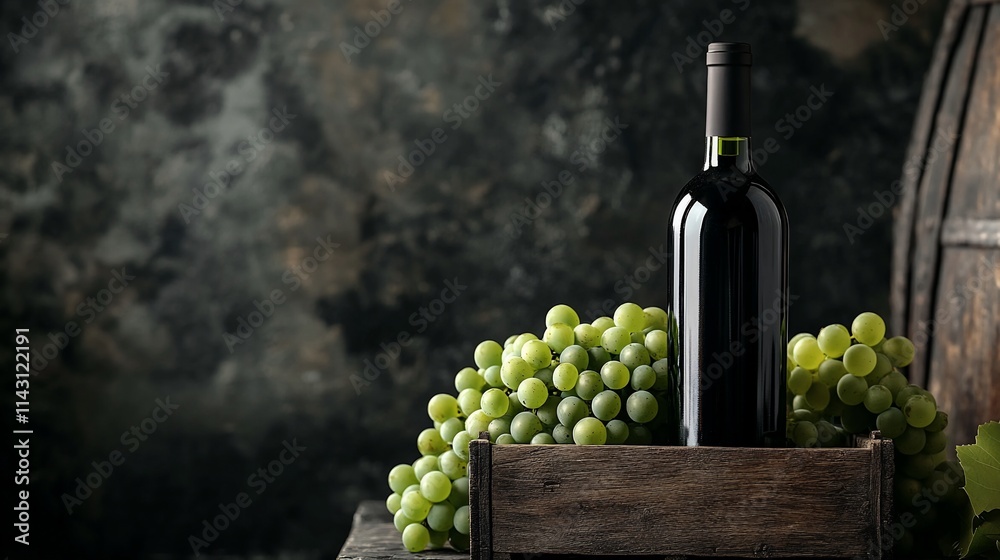 Fototapeta premium Red wine bottle beside green grapes in wooden crate.