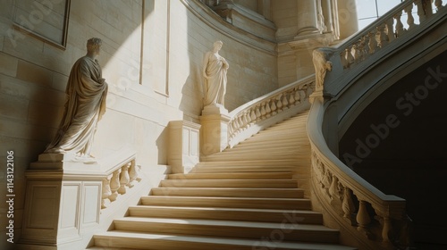 Sunlit grand staircase with classical statues in a museum.