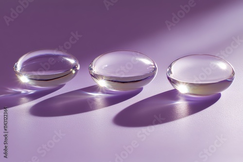 3D render of iridescent glass round discs on a purple abstract geometric background, featuring clear rainbow circular discs with light refraction prism crystal.